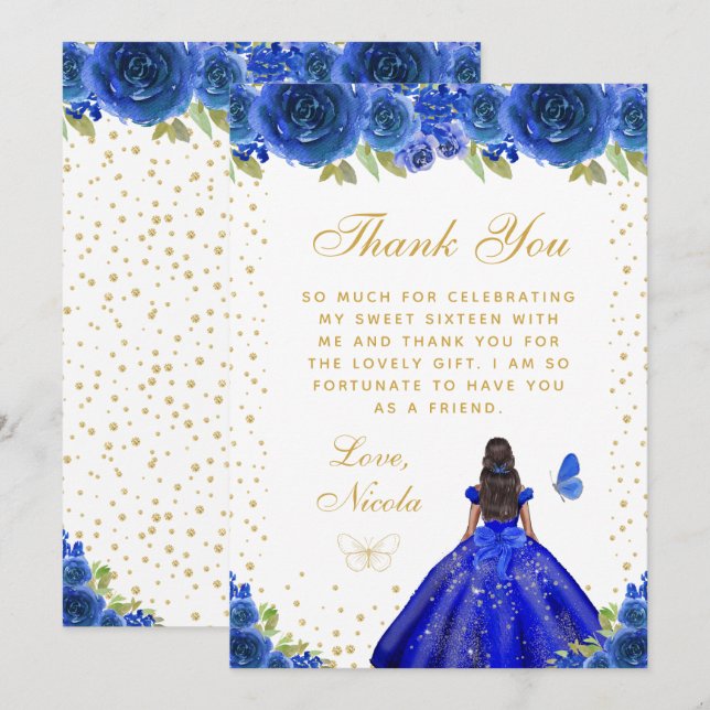 Carte De Remerciements Blue Floral Dark Skin Princess Sweet Sixteen (Devant / Derrière)