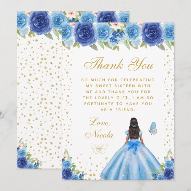 Carte De Remerciements Blue Floral Dark Skin Princess Sweet Sixteen (Devant / Derrière)