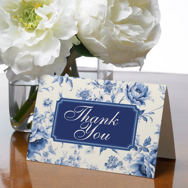 Carte De Remerciements Blue Floral French Toile Chinoiserie Blank (something blue blank thank you cards)