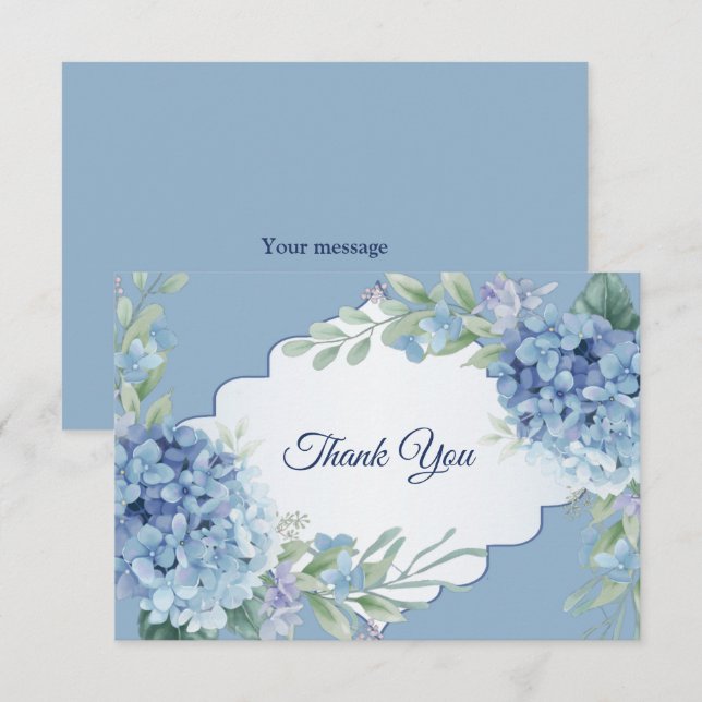 Carte De Remerciements Blue Floral Green Leaves Frame Elegant Wedding (Devant / Derrière)