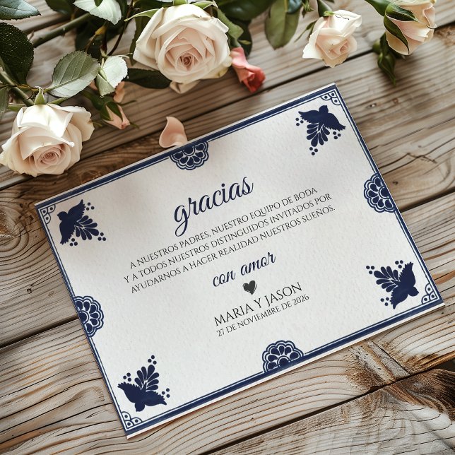 Carte De Remerciements Blue Floral Otomi Simple Fiesta Spanish Wedding (Blue Floral Otomi Simple Fiesta Spanish Wedding Thank You Card)