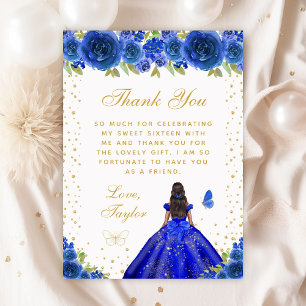Carte De Remerciements Blue Floral Peau foncée Princesse Sweet sixteen