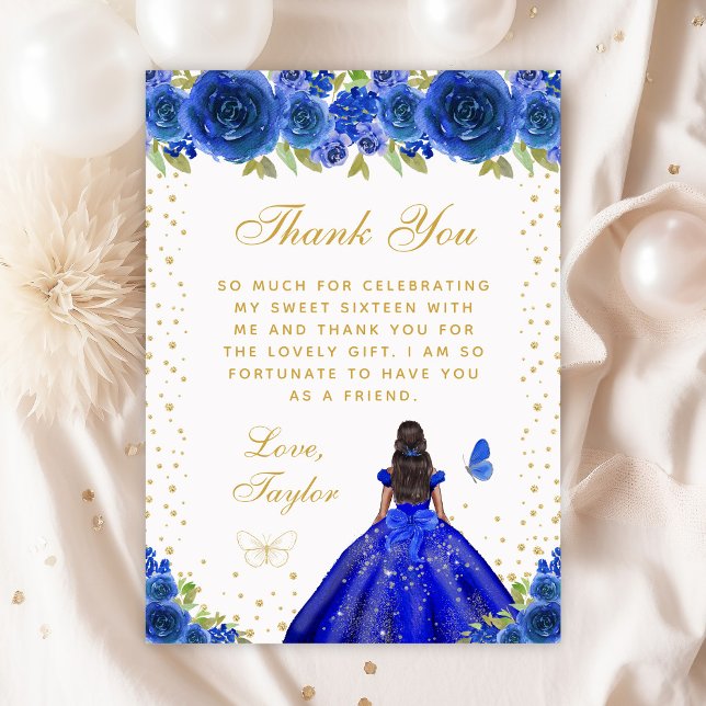 Carte De Remerciements Blue Floral Peau foncée Princesse Sweet sixteen (Créateur téléchargé)