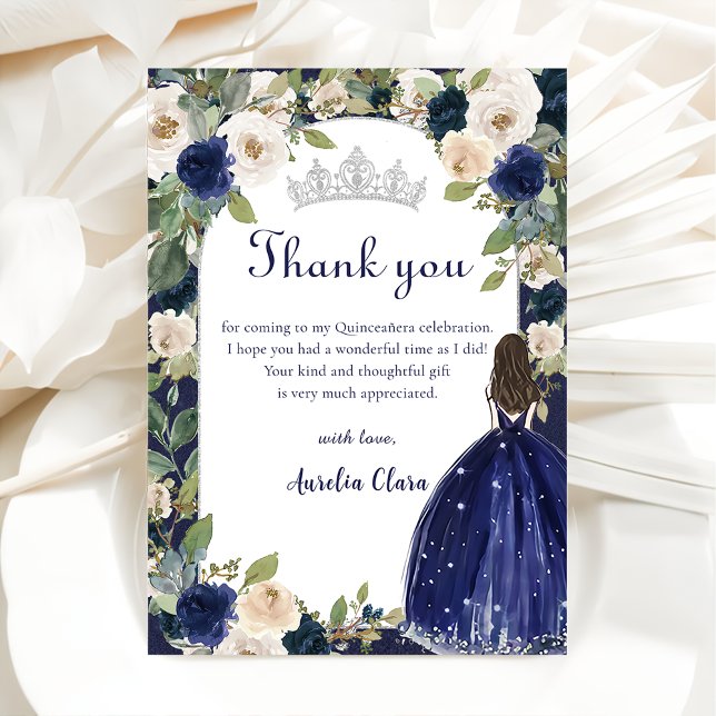 Carte De Remerciements Blue Floral Princess Quinceanera Anniversaire (Créateur téléchargé)