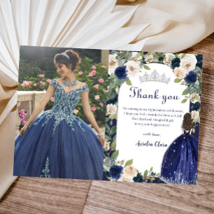 Carte De Remerciements Blue Floral Princess Quinceanera Photo Anniversair