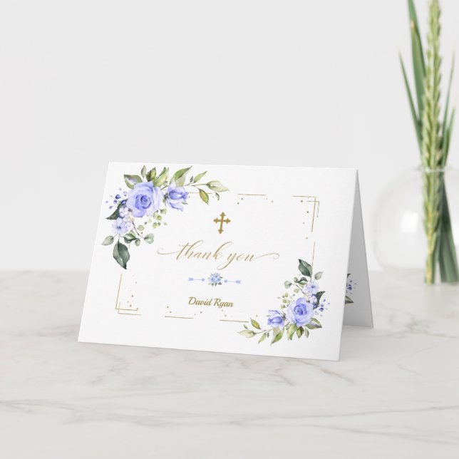 Carte De Remerciements Blue Flowers Gold Parties scintillant Cross Boy Ba (Devant)