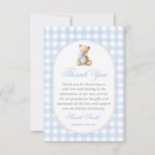 Carte De Remerciements Blue Gingham Bear Grand millennial (Devant)