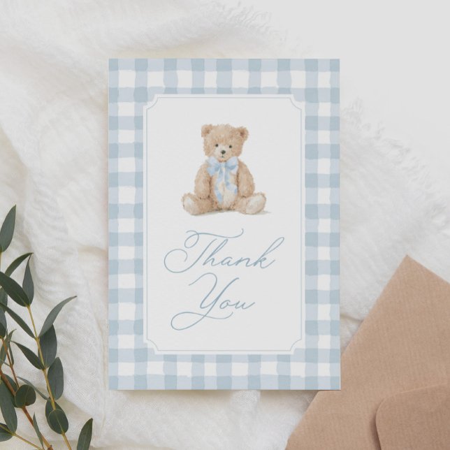 Carte De Remerciements Blue Gingham Teddy Bear Baby Shower (Créateur téléchargé)