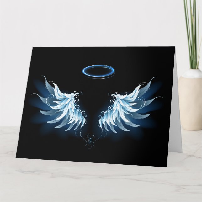 Carte De Remerciements Blue Glowing Angel Wings on black background (Devant)