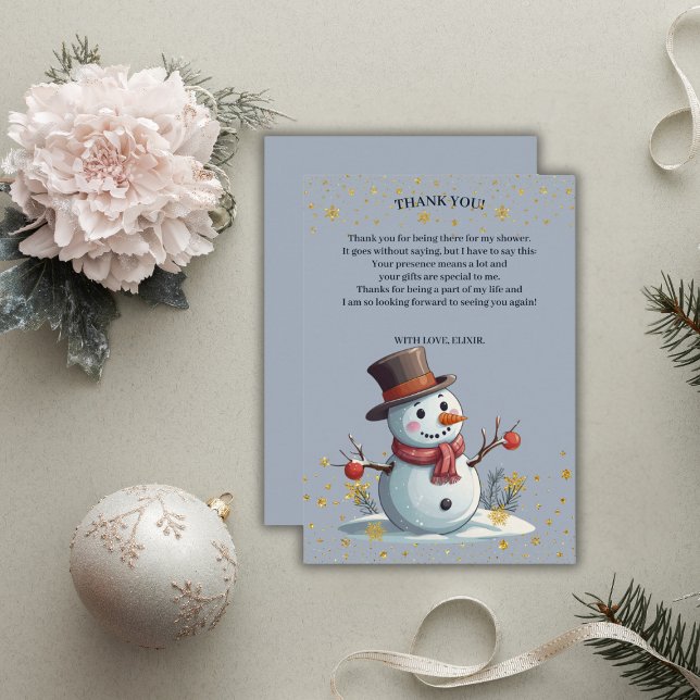 Carte De Remerciements Blue & Gold Little Snowflakes Snowman Baby shower (Créateur téléchargé)