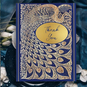 Carte De Remerciements Blue Gold Peacock Art nouveau Mariage