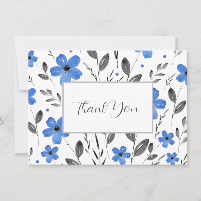 Carte De Remerciements Blue Grey Cinq Pétales Aquarelle Motif Floral (Devant)