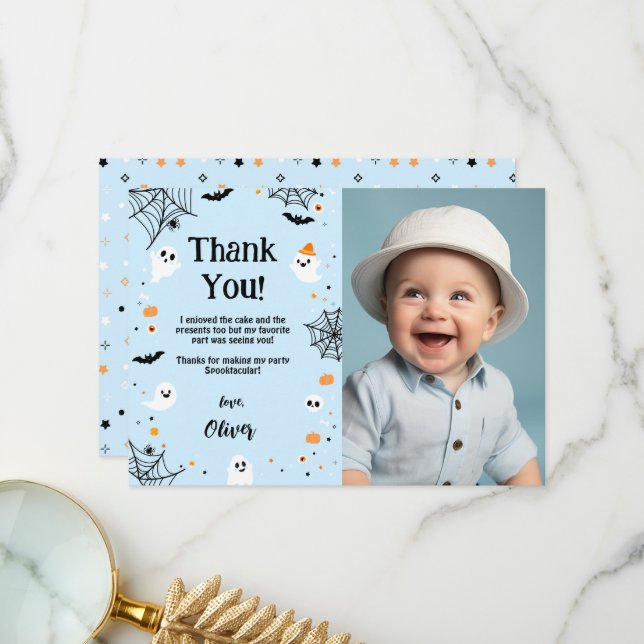 Carte De Remerciements Blue Halloween Ghost Thank You Card (Devant/Arrière en situation)