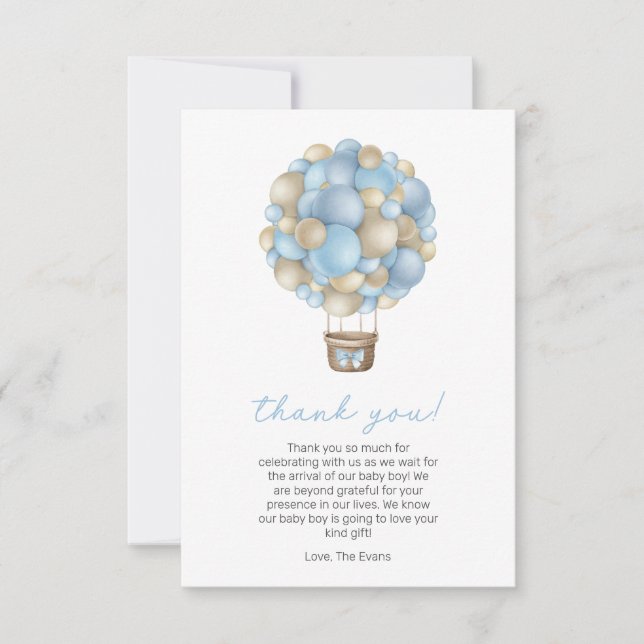 Carte De Remerciements Blue Hot Air Balloon Boy Baby shower (Devant)