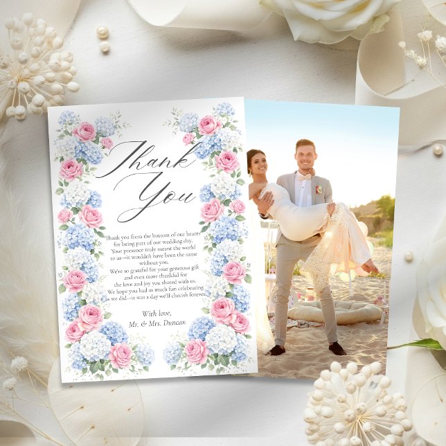 Carte De Remerciements Blue Hydrangea and Pink Rose Floral Garden Wedding (Créateur téléchargé)