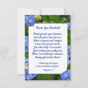 Carte De Remerciements Blue Hydrangea Christian Friend Texte Personnalisé