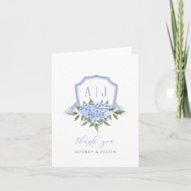 Carte De Remerciements Blue Hydrangea Monogram Crest Customisé Mariage (Devant)
