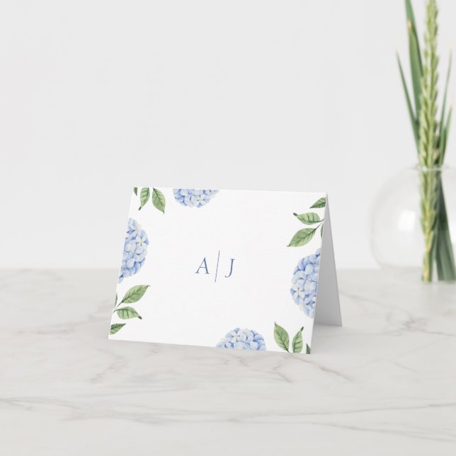 Carte De Remerciements Blue Hydrangea Monogramme Mariage (Devant)