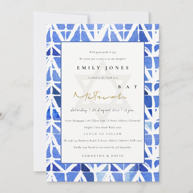 CARTE DE REMERCIEMENTS BLUE INDIGO CHEVRON MOTIF BAT BAR MITZVAH INVITATI (Devant)