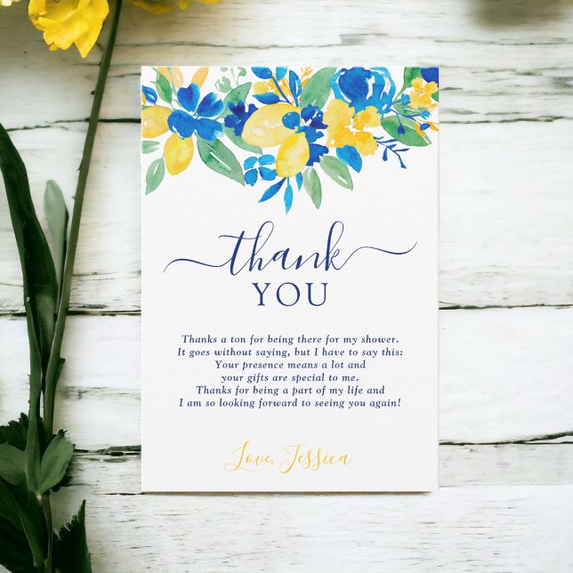 Carte De Remerciements Blue jaunes citrons floral aquarelle douche de mar (Blue yellow lemons floral watercolor bridal shower thank you card)