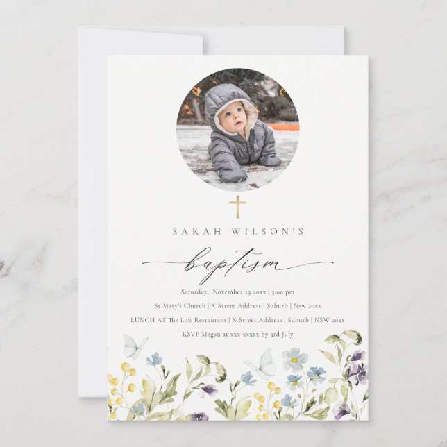 Carte De Remerciements Blue Meadow Floral Butterfly Photo Baptism Invitat (Devant)
