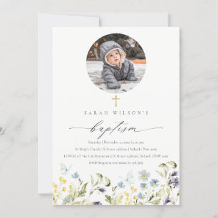 Carte De Remerciements Blue Meadow Floral Butterfly Photo Baptism Invitat