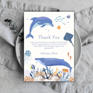 Carte De Remerciements Blue Neutral Ocean Dolphin Whale Boy Baby shower