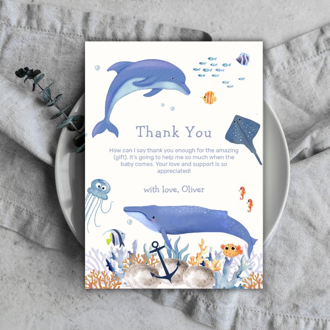 Carte De Remerciements Blue Neutral Ocean Dolphin Whale Boy Baby shower (Blue Neutral Ocean Dolphin Whale Boy Baby Shower Thank You Card)