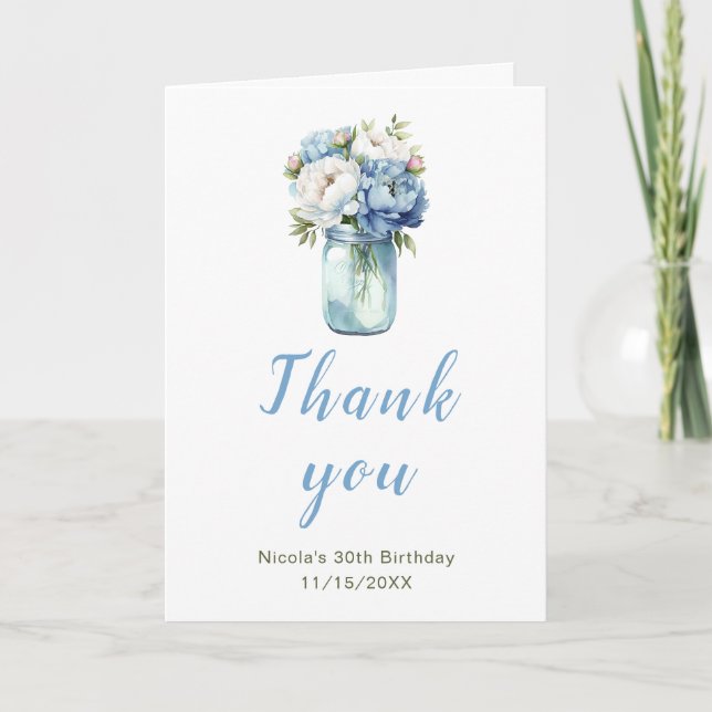 Carte De Remerciements Blue Peonies Mason Jar Anniversaire (Devant)