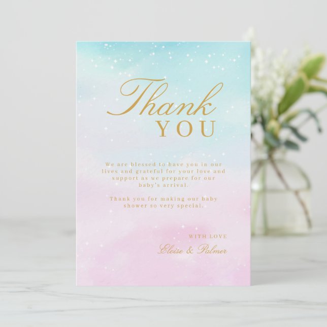 Carte De Remerciements Blue Pink Ombre Gender Reveal Neutral Baby Shower  (Debout devant)