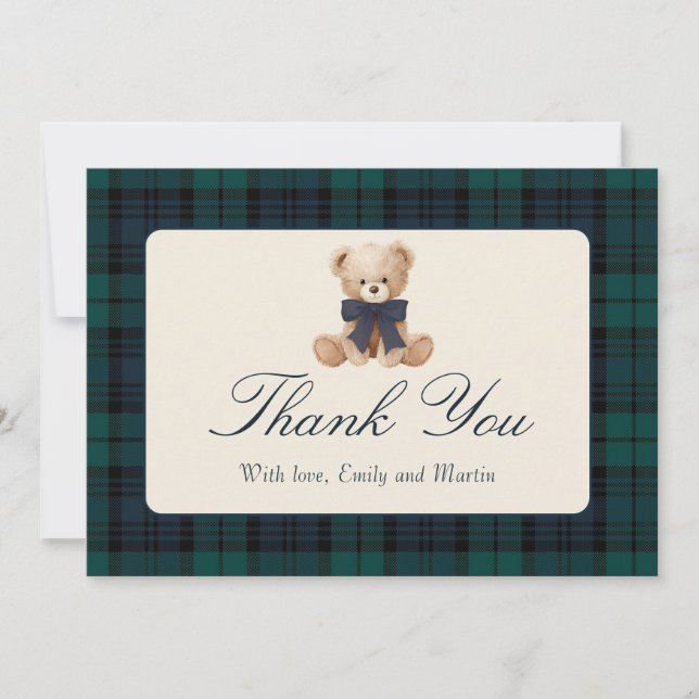 Carte De Remerciements Blue Plaid Teddy Bear Baby Shower Thank You Card (Devant)