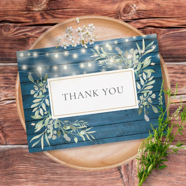 Carte De Remerciements Blue Rustic Wood Greenery String Lights Thank You (Créateur téléchargé)