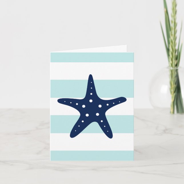 Carte De Remerciements Blue Starfish on Mint Stripes (Devant)