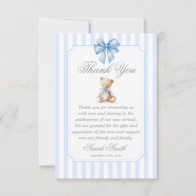 Carte De Remerciements Blue Stripes Bear Grand millennial (Devant)