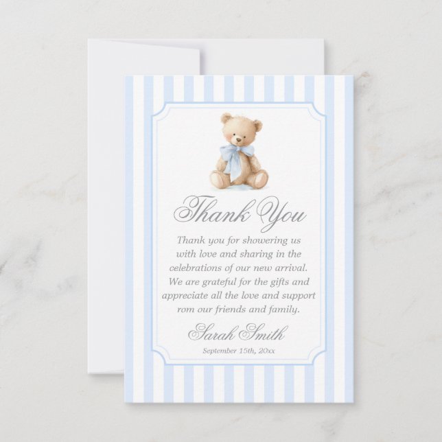 Carte De Remerciements Blue Stripes Bear Grand millennial (Devant)