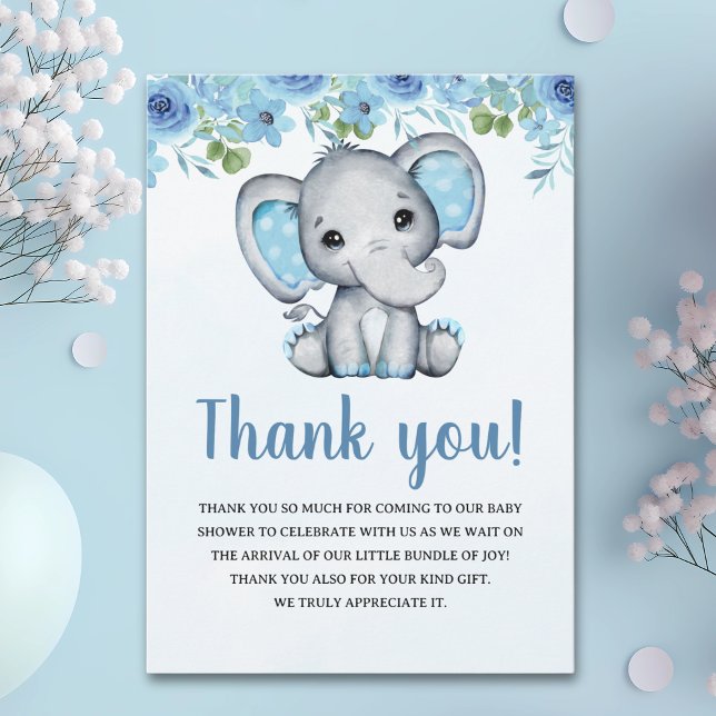Carte De Remerciements Blue Watercolor Elephant Baby shower Boy (Créateur téléchargé)