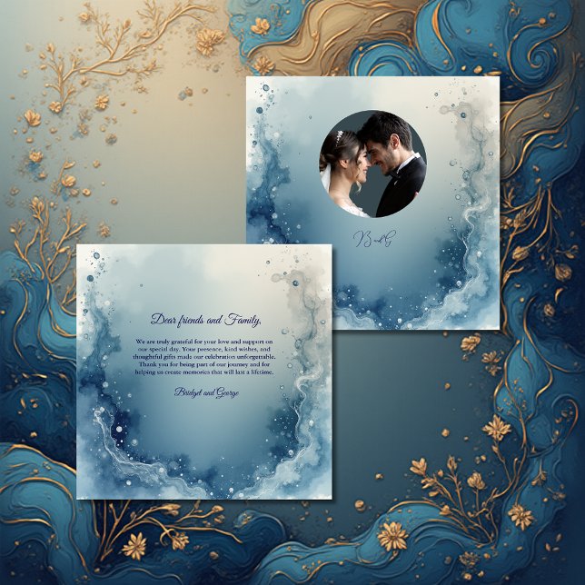 Carte De Remerciements blue white Dreamy coastal marble ink wedding photo (Créateur téléchargé)