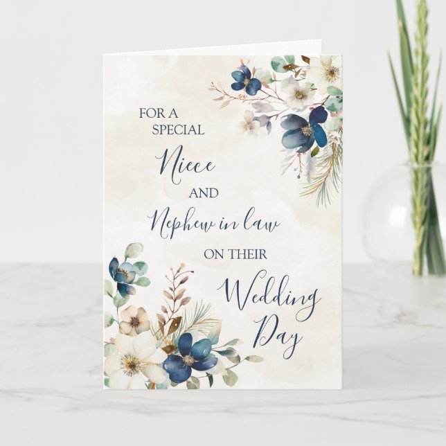Carte De Remerciements Blue Winter Floral Wedding Day Niece Nephew in Law (Devant)