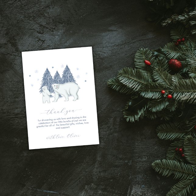 Carte De Remerciements Blue Winter Woodland Polar Bear Baby Shower  (Blue Winter Woodland Polar Bear Baby Shower Thank You Card)