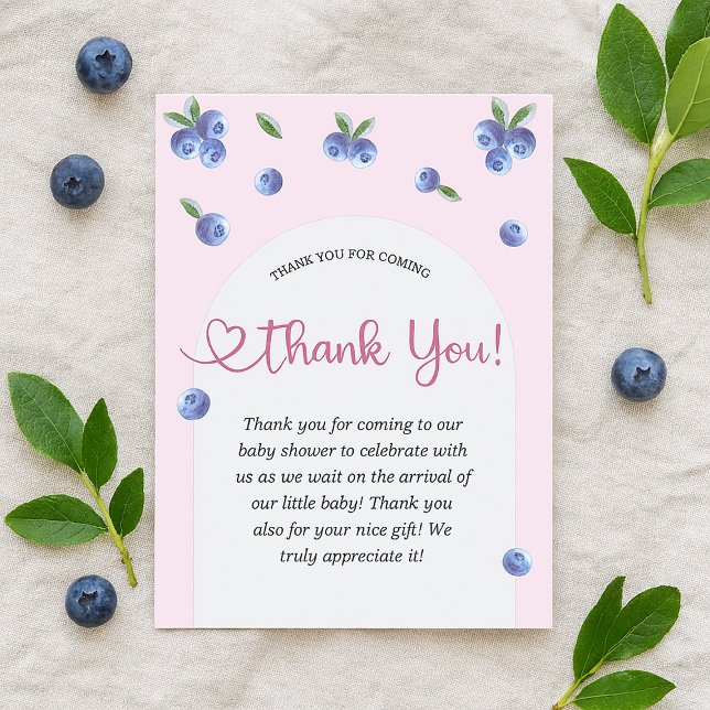 Carte De Remerciements Blueberry Sweet Watercolor Baby shower fille (Blueberry Sweet Watercolor Girl Baby Shower Thank You Card)