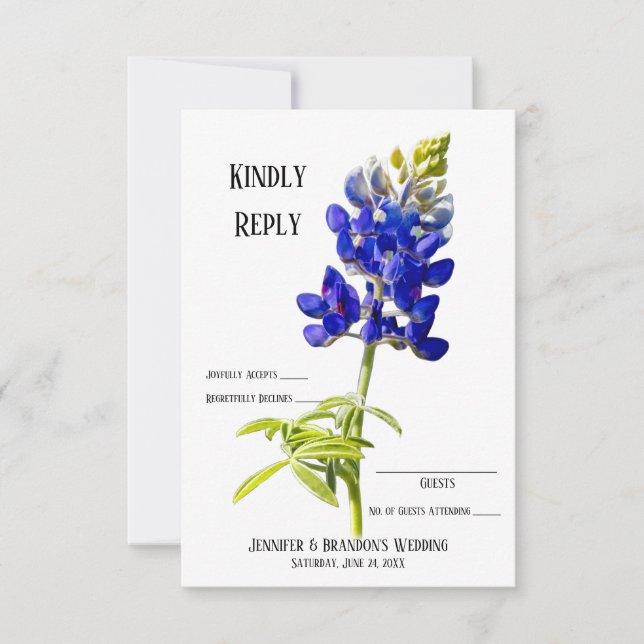 Carte De Remerciements Bluebonnet Floral sur blanc, mariage RSVP, (Devant)