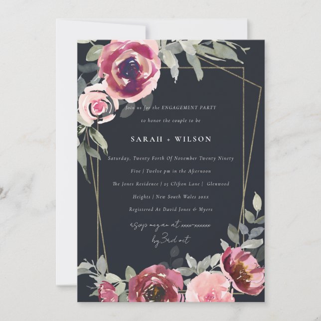 CARTE DE REMERCIEMENTS BLUSH BLACK BURGUNDY ROSE FLORAL FIANÇAILLES INVIT (Devant)