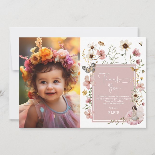 Carte De Remerciements Blush Boho Fairy Fleur sauvage Girl Birthday Photo (Devant)