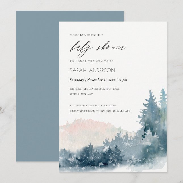 CARTE DE REMERCIEMENTS BLUSH DUSKY BLUE MOUNTAINS PINE BABY SHOWER INVITA (Devant / Derrière)