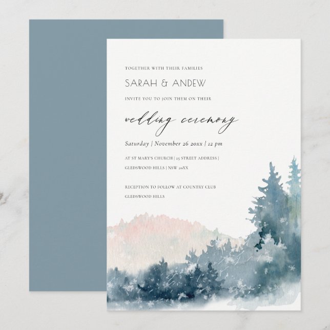 CARTE DE REMERCIEMENTS BLUSH DUSKY BLUE MOUNTAINS PINE MARIAGE INVITE (Devant / Derrière)