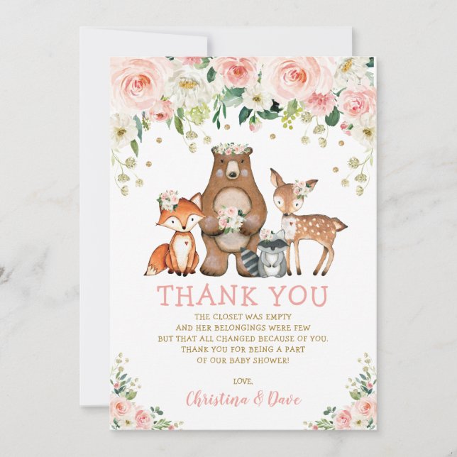 Carte De Remerciements Blush Floral Forêt Animaux Baby shower (Devant)