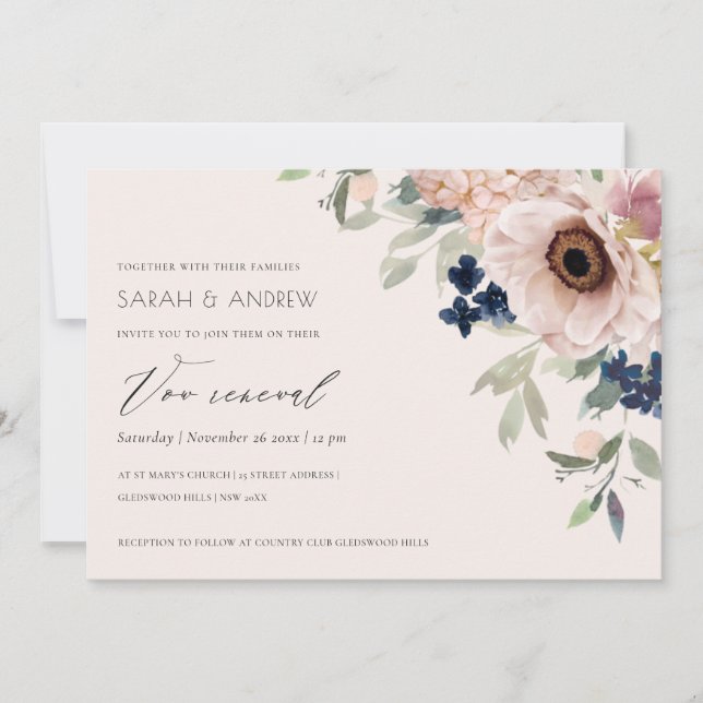 Carte De Remerciements Blush Marine Anemone Floral Vow Renouvellement Inv (Devant)