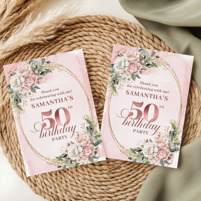 Carte De Remerciements Blush Pink Floral Rose Gold 50Birthday Thank You (Blush Pink Floral Rose Gold 50th Birthday Thank You)