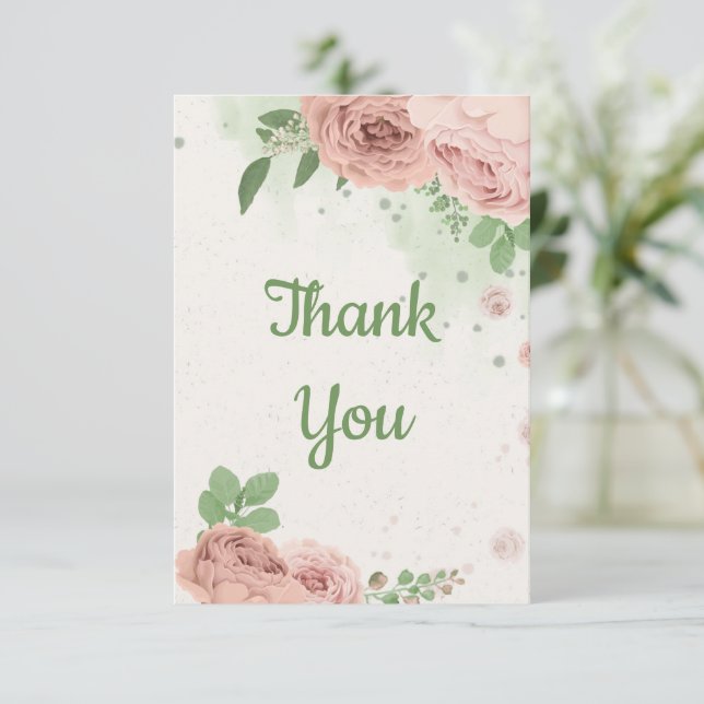 Carte De Remerciements blush pink flowers greenery botanical (Debout devant)