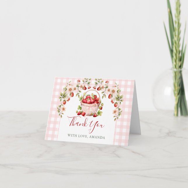 Carte De Remerciements Blush Pink Gingham Berry in love Bridal Shower (Devant)